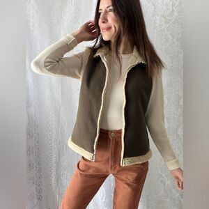 Vintage Y2K Old Navy Olive Sherpa Fleece Zip Vest Cabin Outdoor Layering